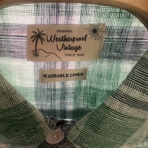 Weatherproof Men's NWT XXL Washable Linen Green‎ Blue Plaid Short Sleeve Shirt - Picture 5 of 5
